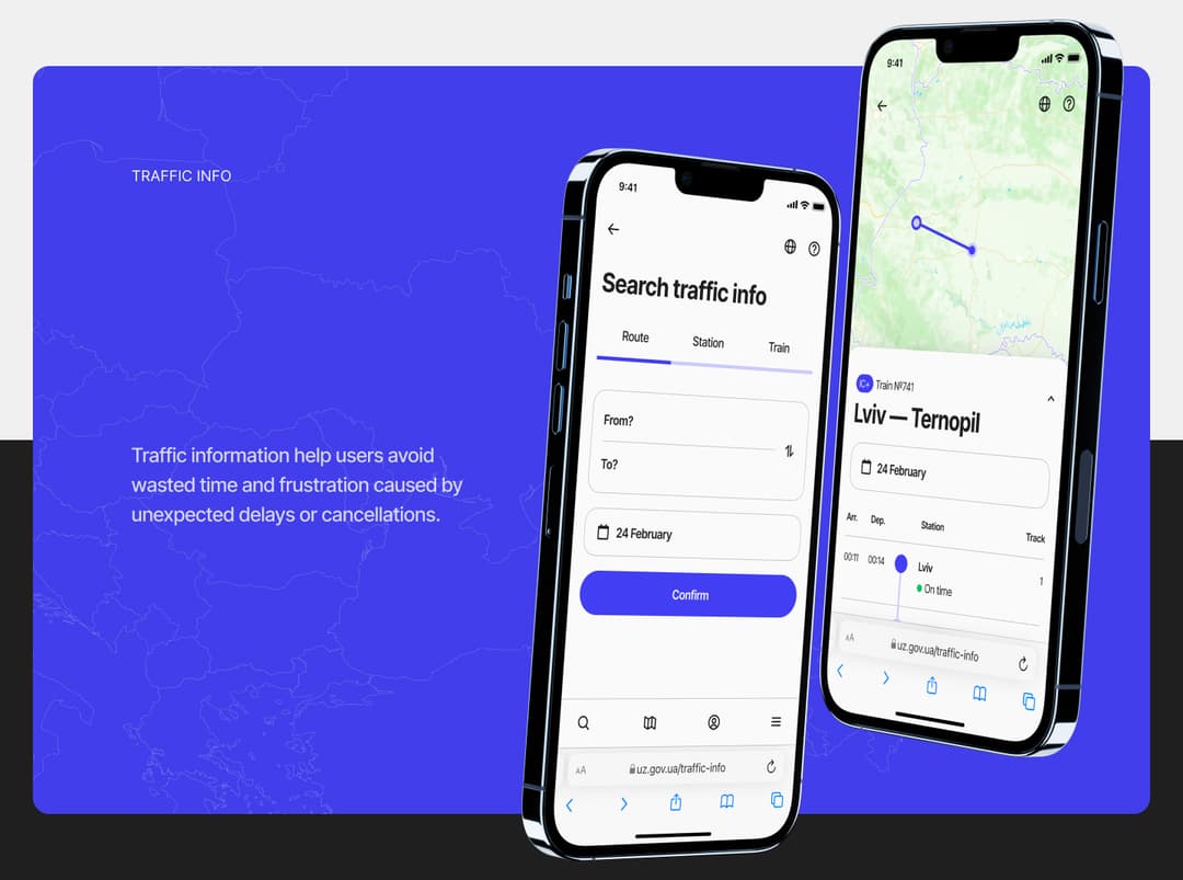 Traffic info on mobile — searching a route, and the live Lviv to Ternopil status on a map