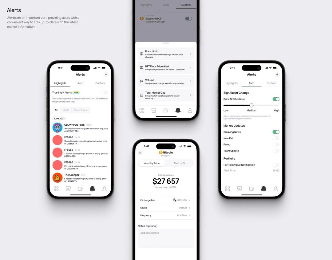 Alerts — the highlights feed, the alert types, a Bitcoin price alert being set, and the automatic alert toggles