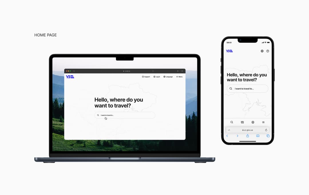 Redesigned home page on a laptop and a phone, its travel search field set over a mountain photograph