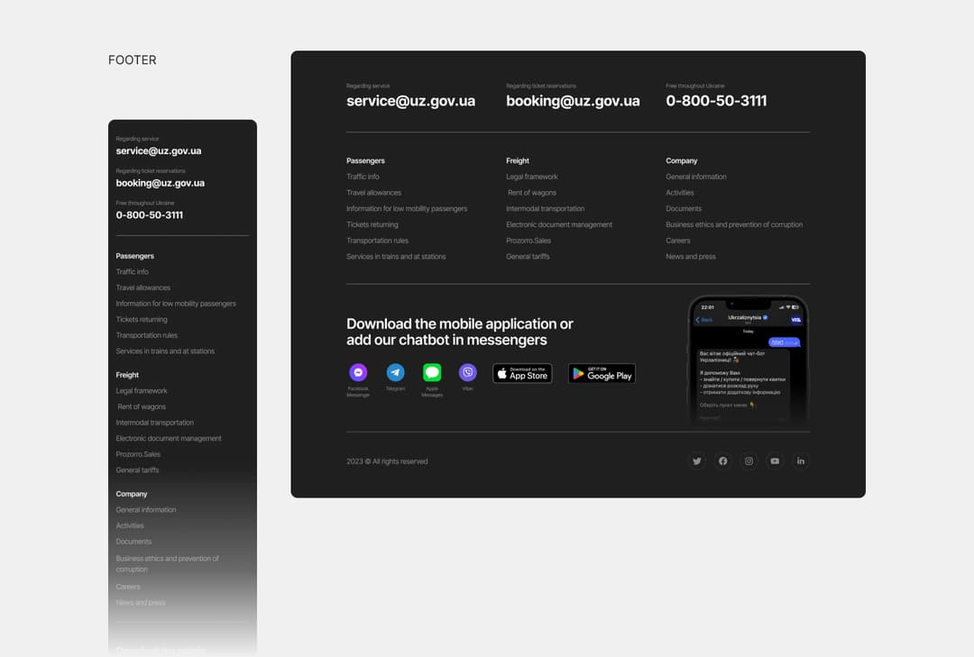 Footer with contact details, section links and the mobile app download block, on desktop and mobile