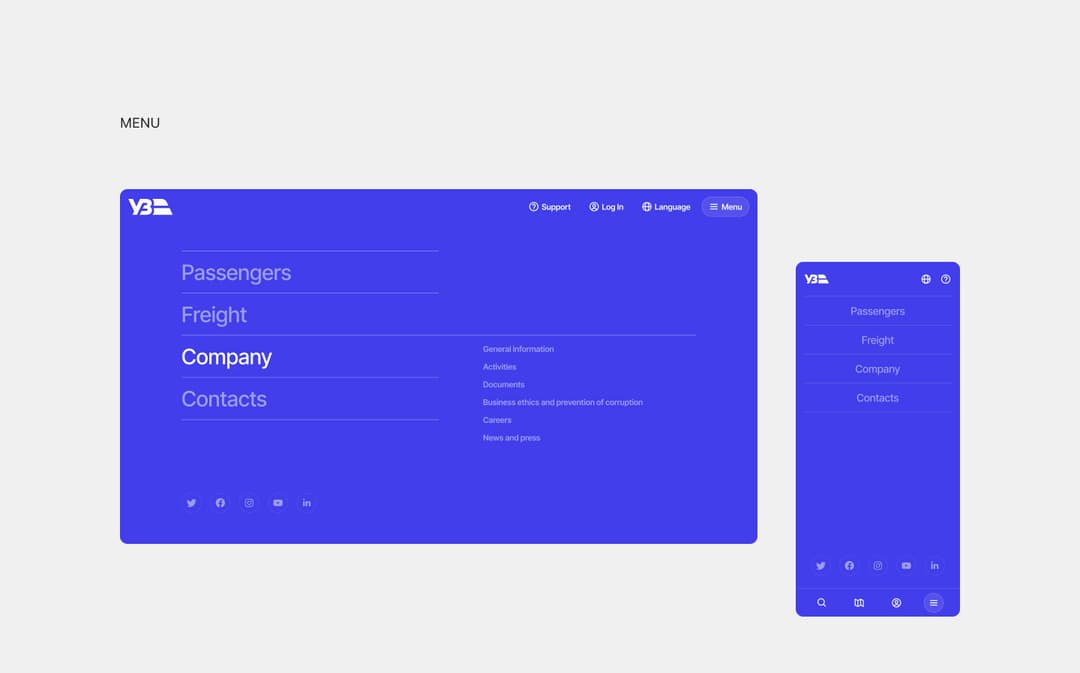 Full-screen blue main menu listing passengers, freight, company and contacts, on desktop and mobile