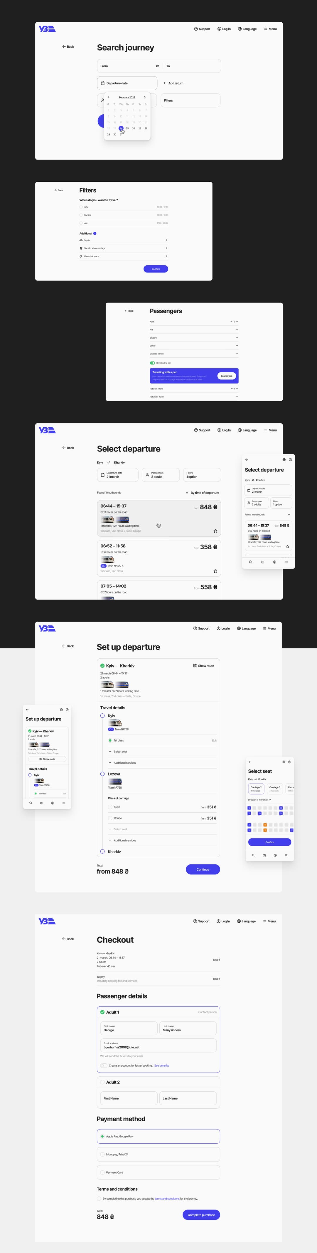 The whole search journey screen by screen, from the date picker and filters through to the paid checkout