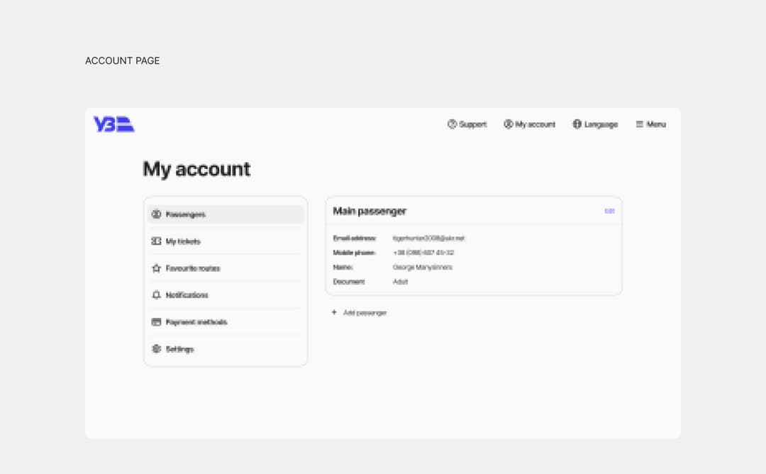 Account page with the tickets, routes, notifications and payment sidebar beside the main passenger card