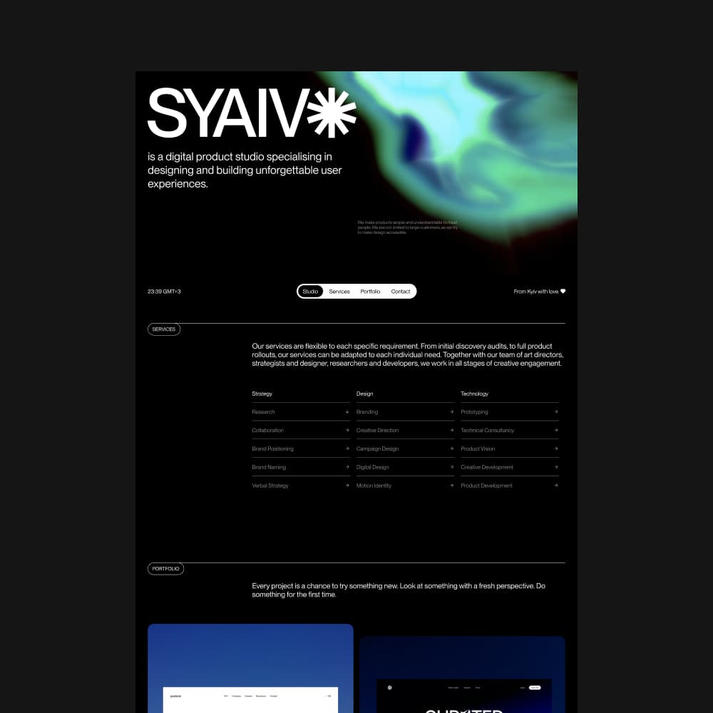 Top half of the SYAIVO home page — the aurora hero, the services table and the start of the portfolio