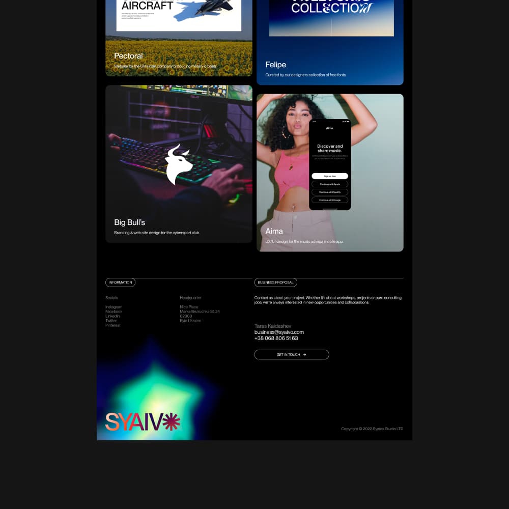 Lower half of the home page — four portfolio cards and the footer with the gradient wordmark