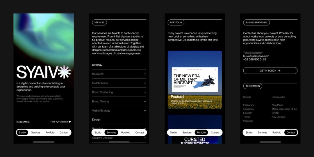 The same page on mobile — hero, services, portfolio and business proposal
