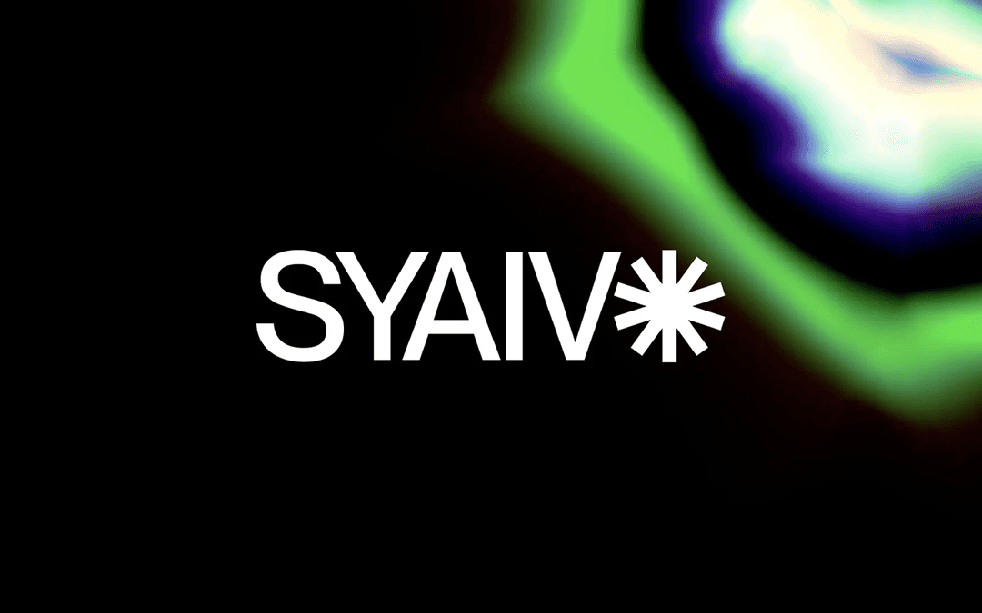 SYAIVO wordmark in white over a green and blue aurora on black