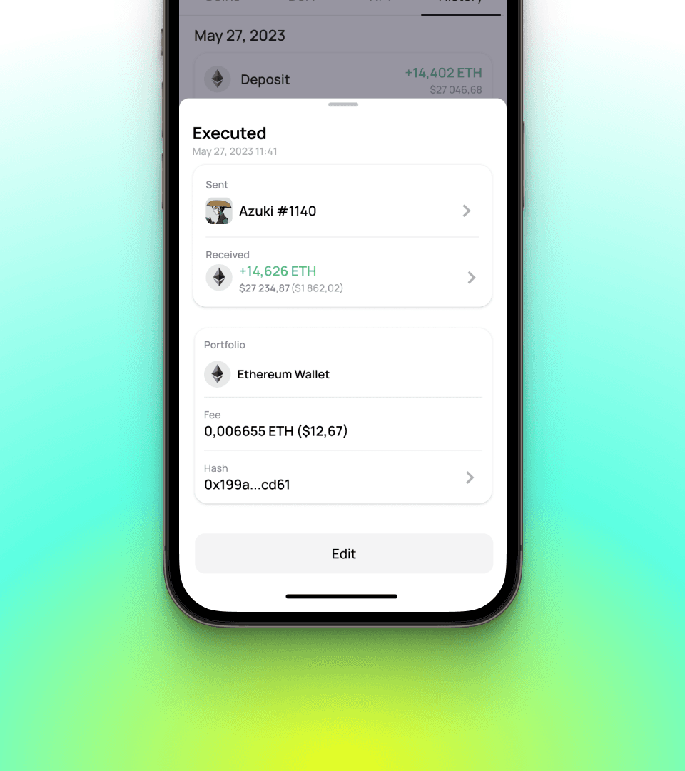 Transaction detail sheet — the NFT sent, the ETH received, the fee and the hash