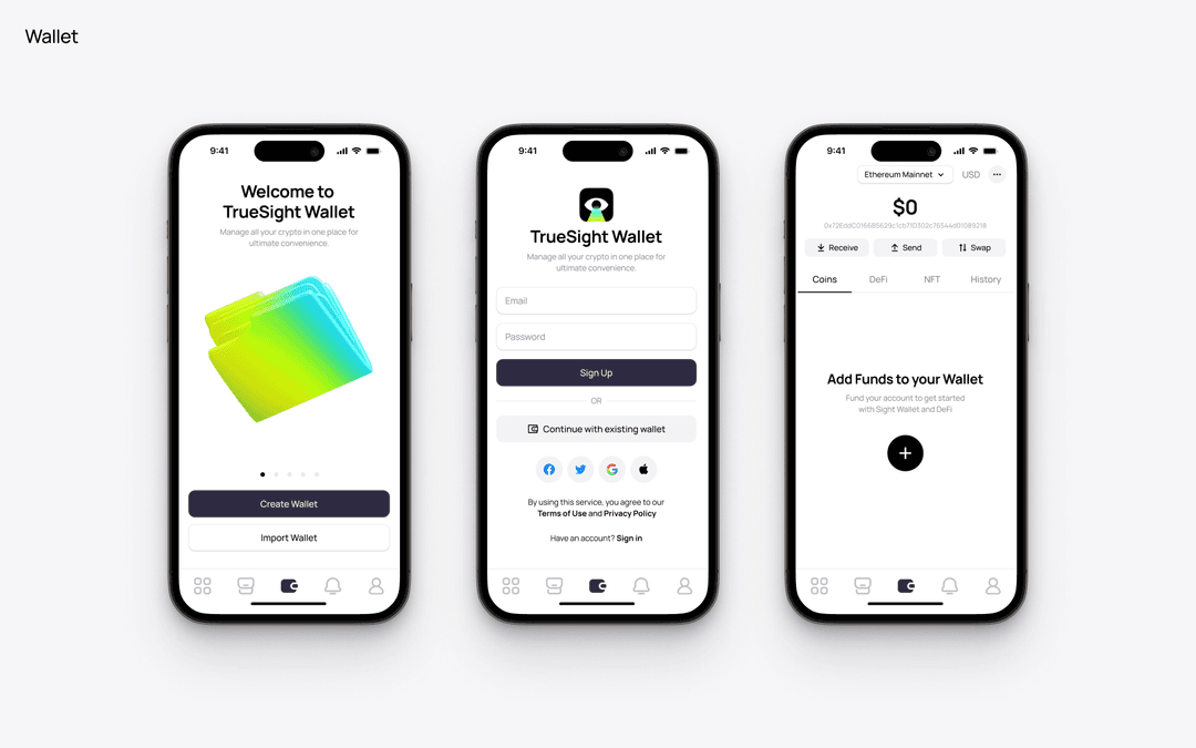 TrueSight Wallet — create wallet intro, sign up, and the empty add funds state