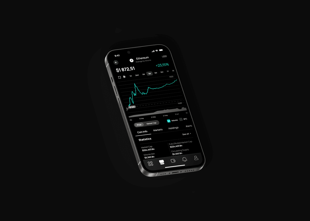 Coin Info — the Ethereum page with its chart and statistics, in dark mode