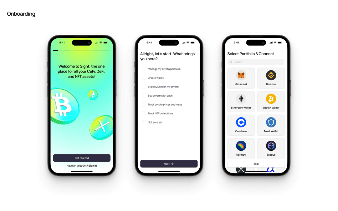 Onboarding — welcome screen, a picker for what brings the user here, and the wallet connect grid