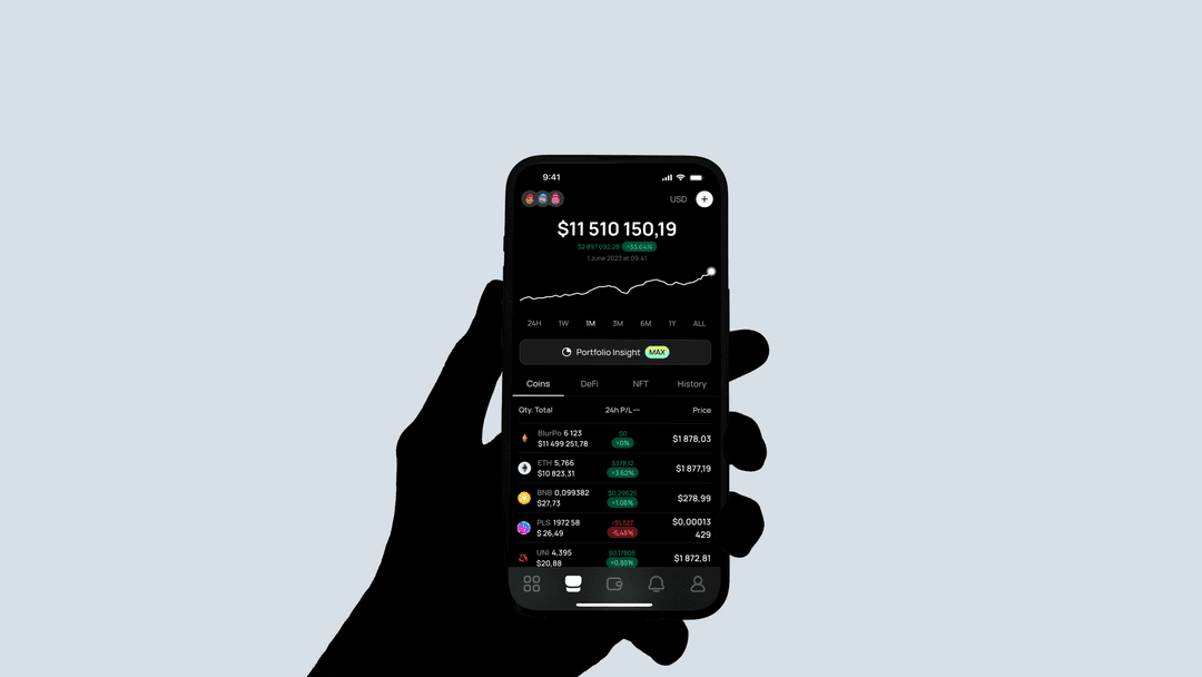 A hand holding a phone showing the TrueSight portfolio — total balance, performance chart and coin list